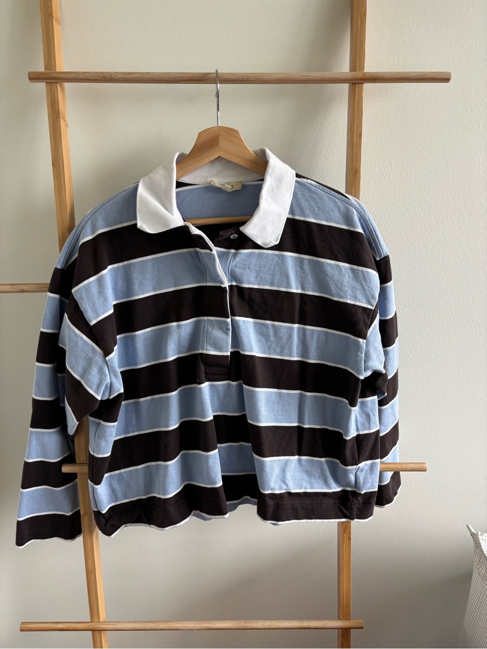 Madewell Women's Striped Rugby Polo in Light Blue & Black with White Collar - Picture 1 of 4